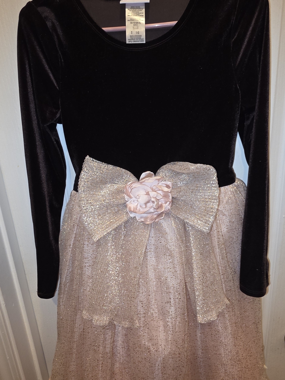 Girls Brown Velvet and Blush Pink Sparkle Tulle Dress with Bow